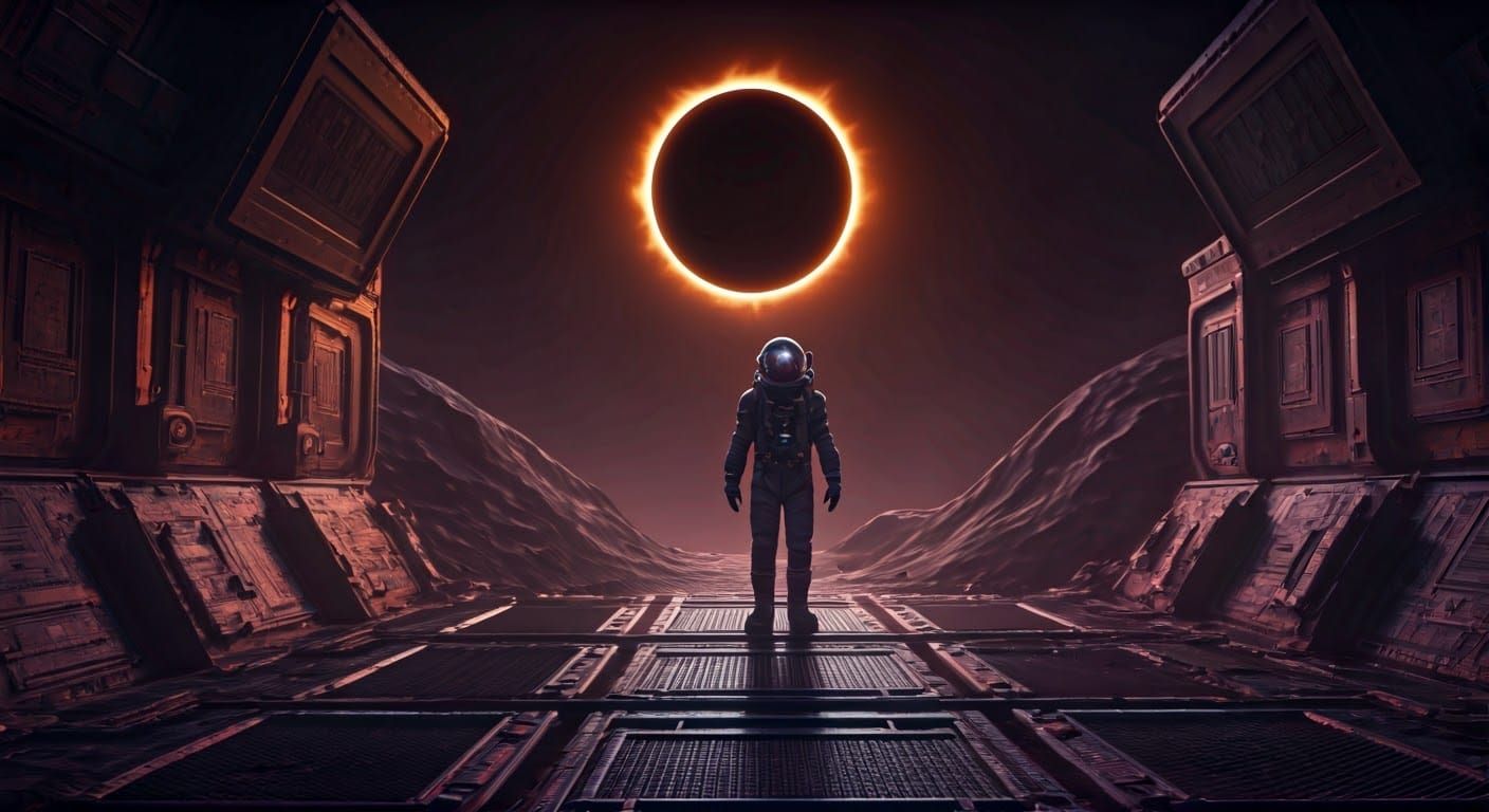 Astronaut in Cyberpunk Lunar Base During Eclipse