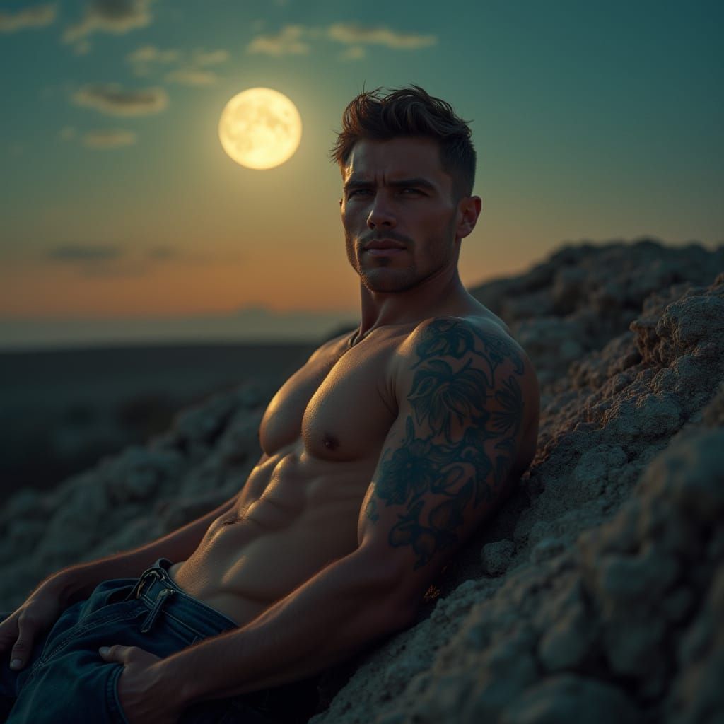 Moonlit Man on Hilltop in Surrealist Style