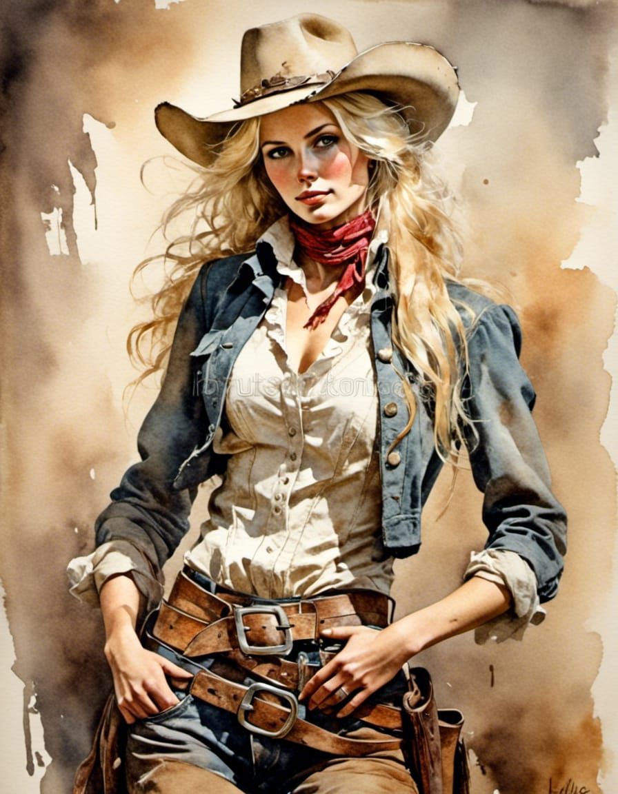 Blonde Cowgirl Outlaw in Wild West Watercolor
