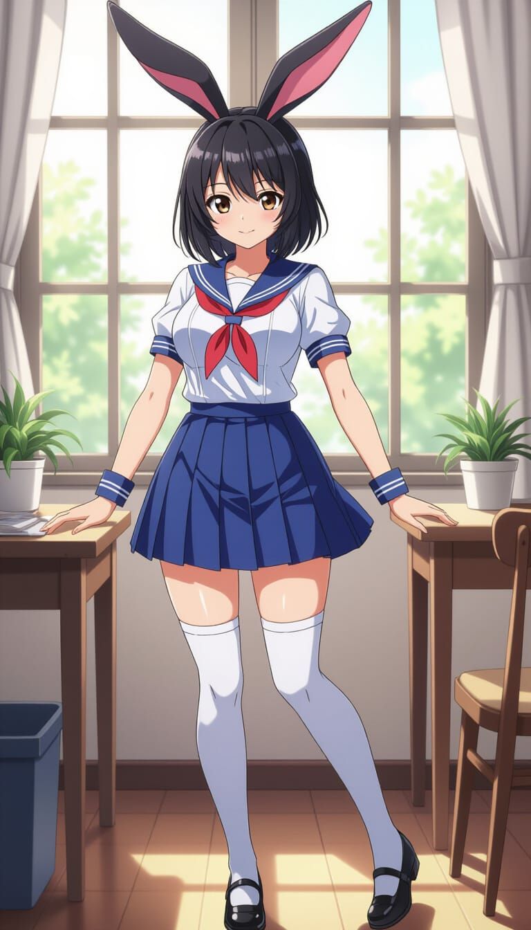 Rabbit-Eared Girl in Seifuku: Anime Style