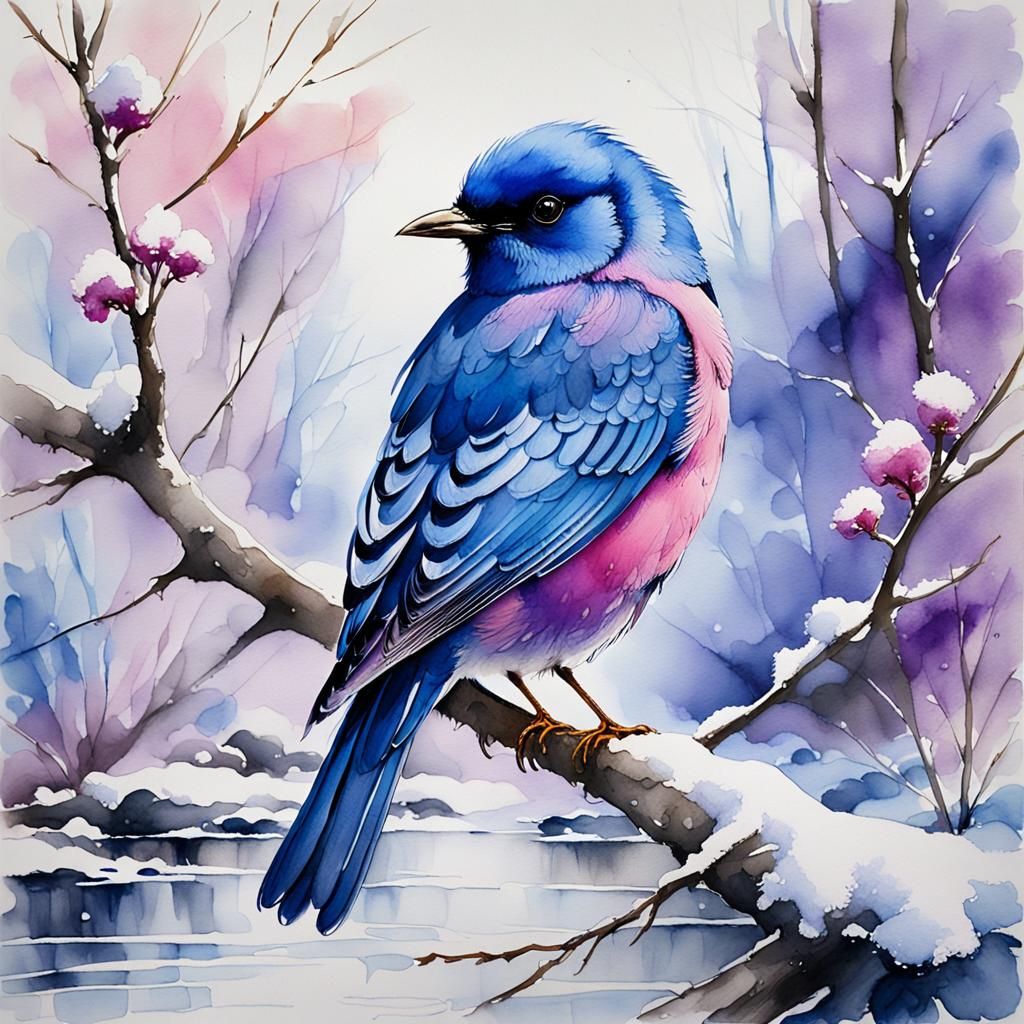 Blue Joy Bird in Winter Watercolor Landscape