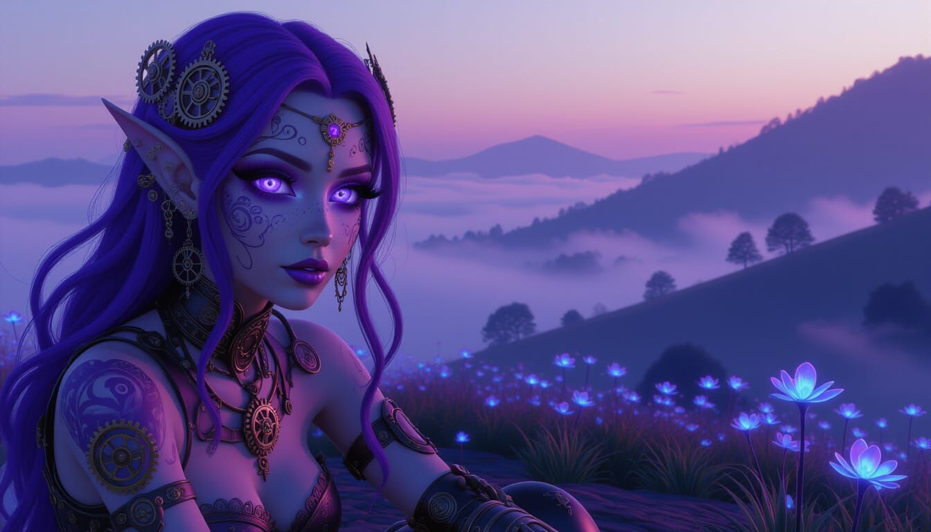 Clockwork Elf Woman on Hilltop in Purple Light