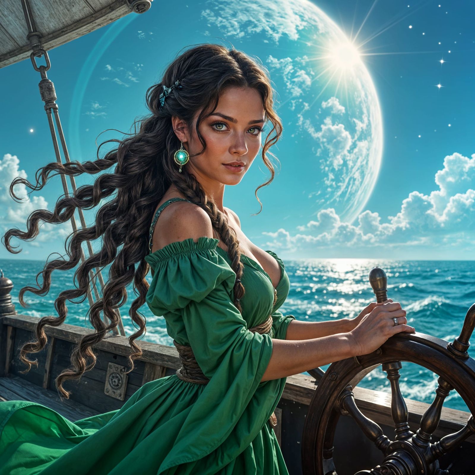 Pirate Queen Sailing Through Space in Futuristic Style