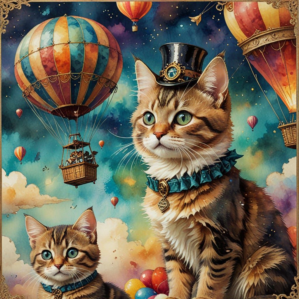 Whimsical Steampunk Cat in Vintage Hot Air Balloon