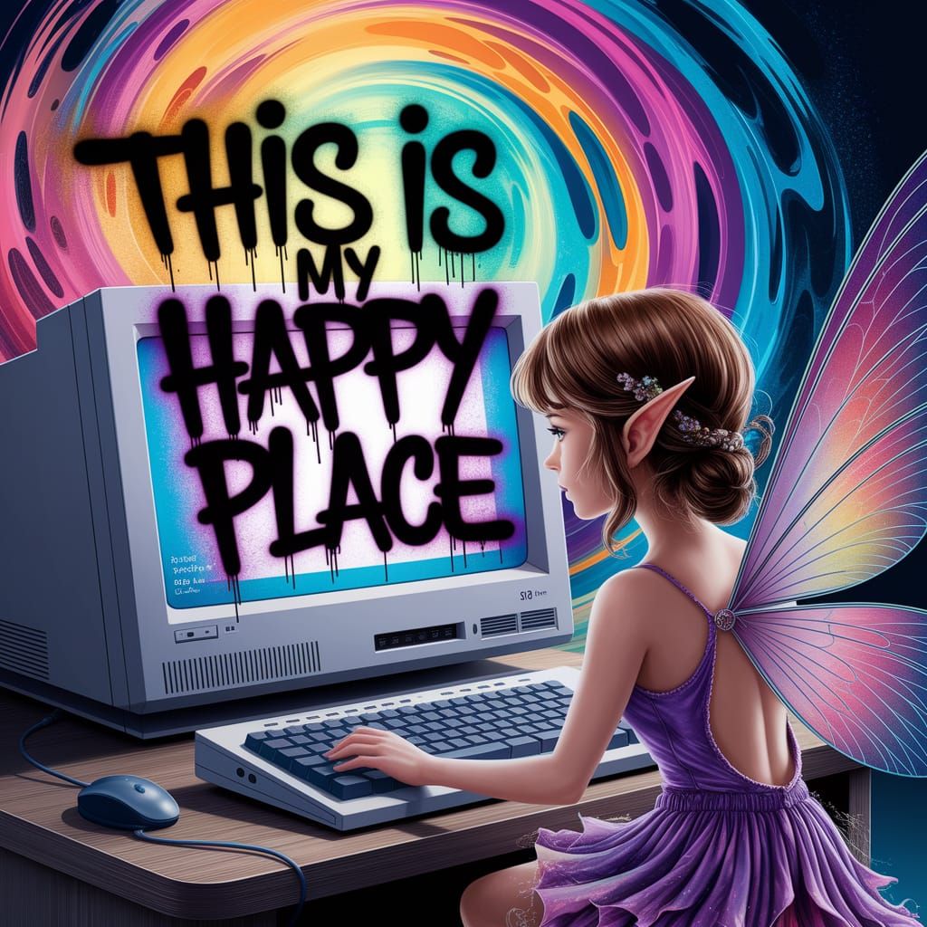 Fairy at Computer in Dreamy Gouache Acrylics