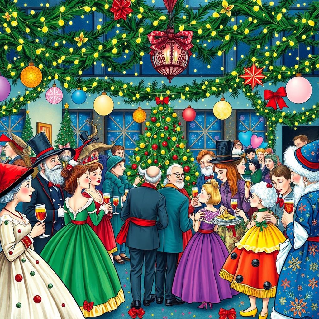 Vibrant Christmas Scene with Elaborate Costumes in David Hoc...