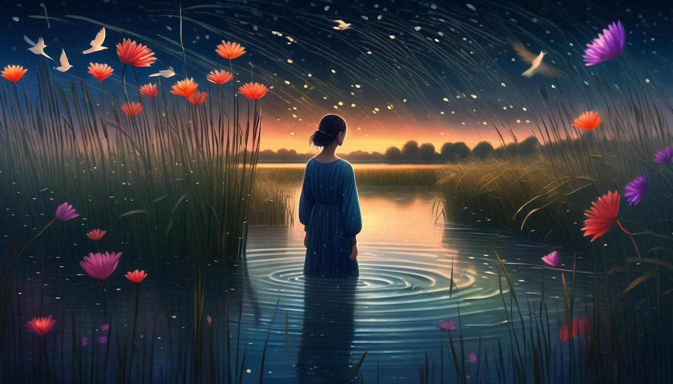 Nude Woman Night Swimming in River with Birds