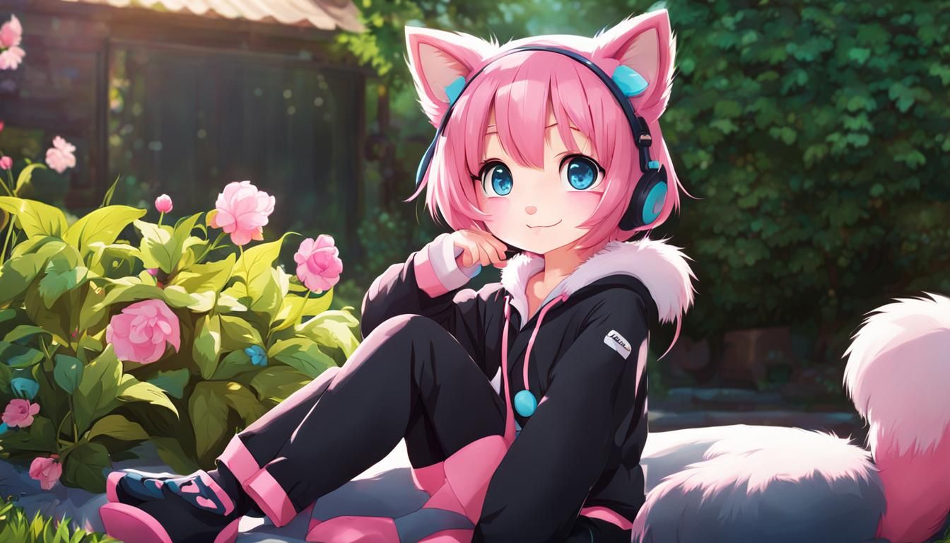 Furry Cat Girl in Garden: Kawaii Digital Art