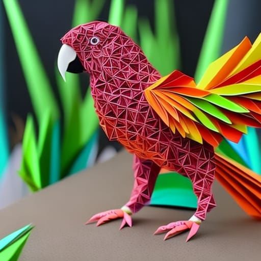 Colorful Origami Parrot in Jungle Diorama