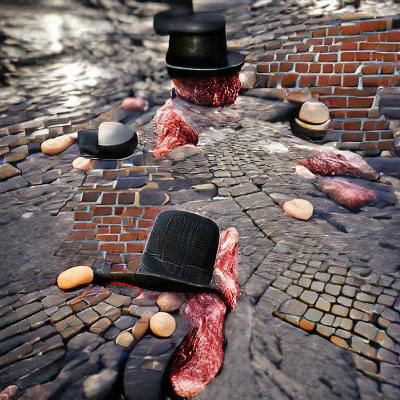 Hyperrealistic Murderer with Butcher Knife on Cobblestones