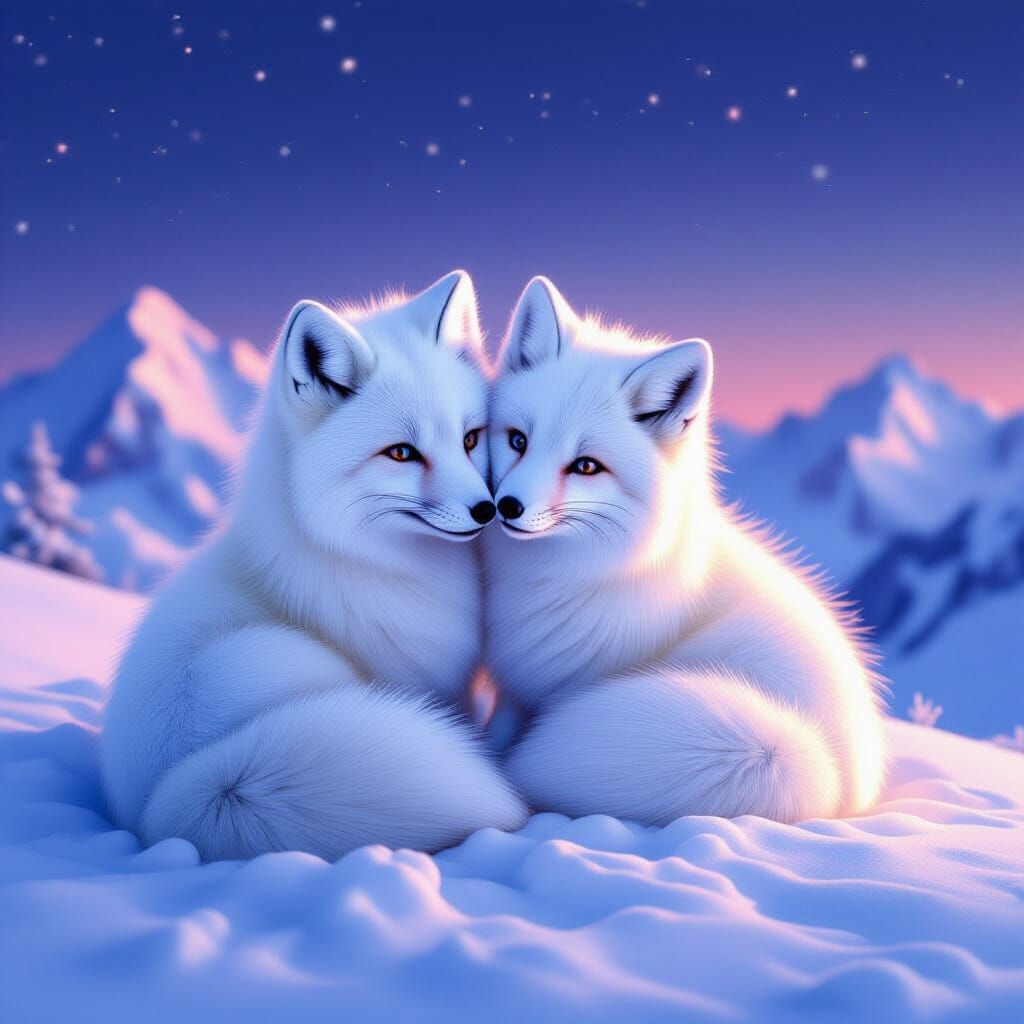 Arctic Foxes in Snow, Stylized Watercolor Illustration