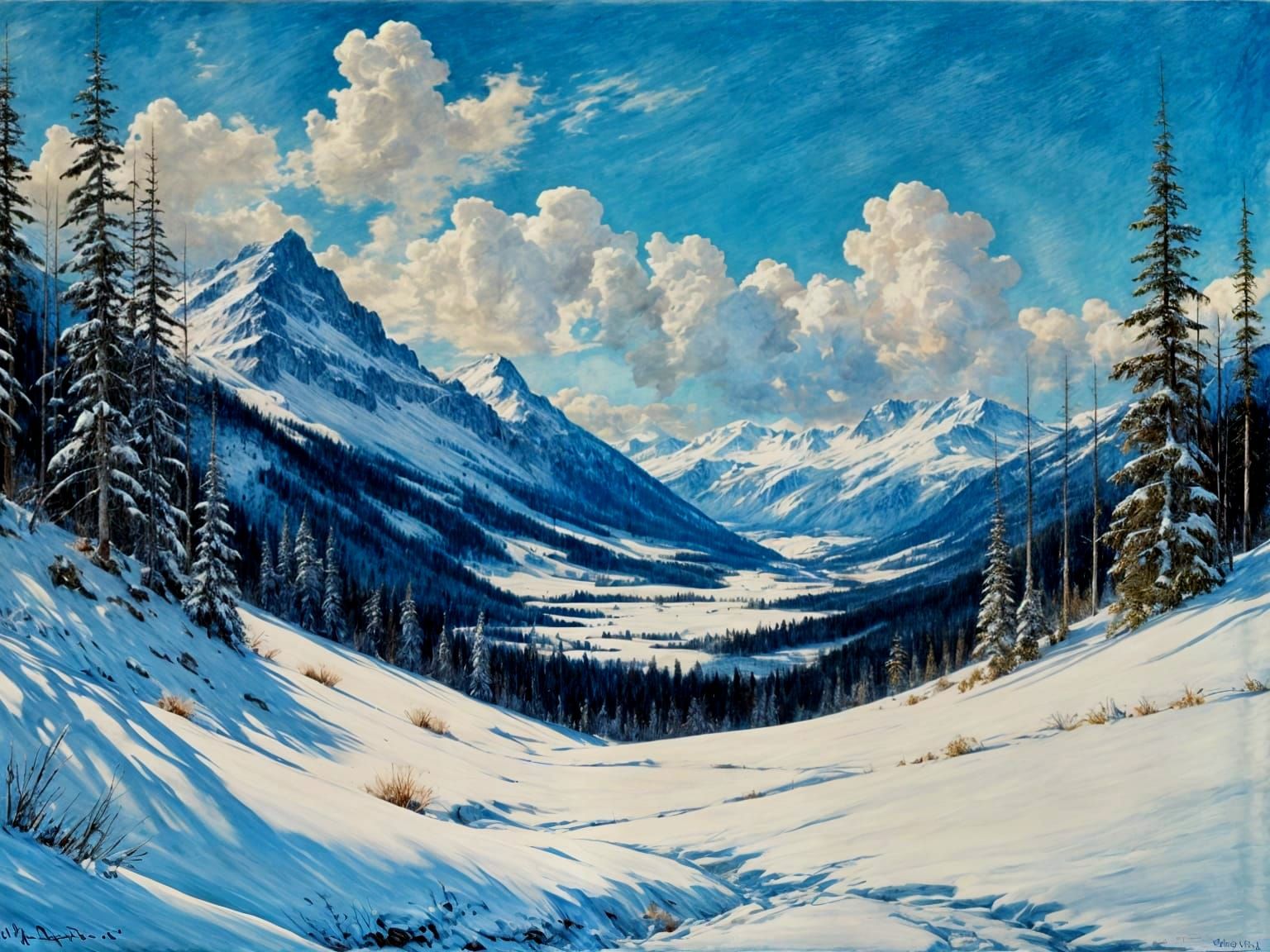 Vibrant Swiss Alps Winter Landscape Under Blue Sky