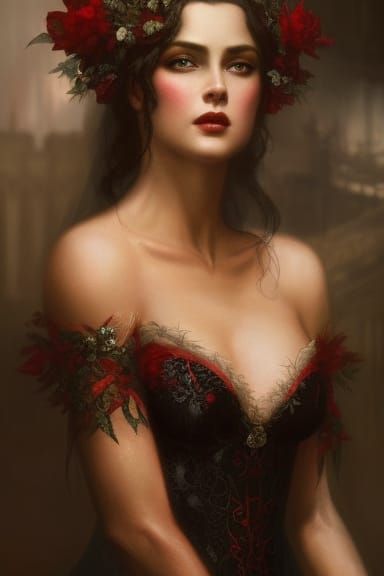 Fairy Queen in Red and Black Lace Gown