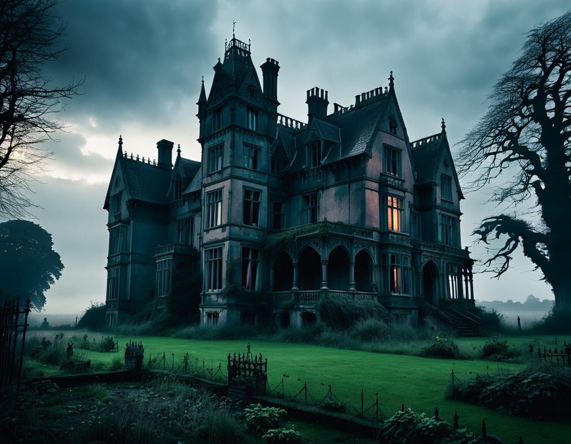 Gothic English Mansion Shrouded in Mist and Mystery