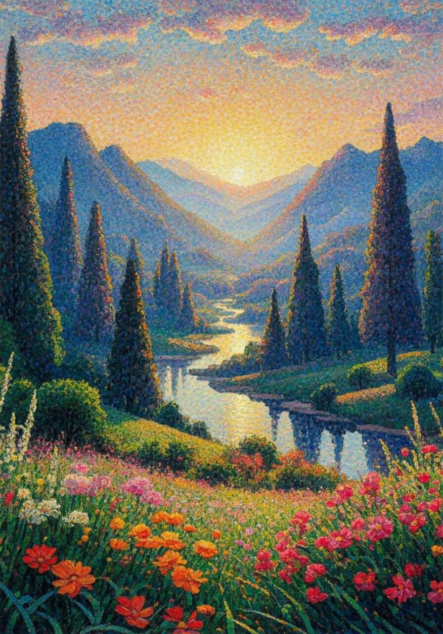 Vibrant Sunrise Landscape in Pointillist Style