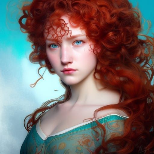 Detailed Portrait of Red-Haired Princess in Art Nouveau Styl...