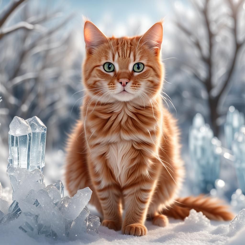 Red Tabby Cat with Ice Crystals in Winter Landscape