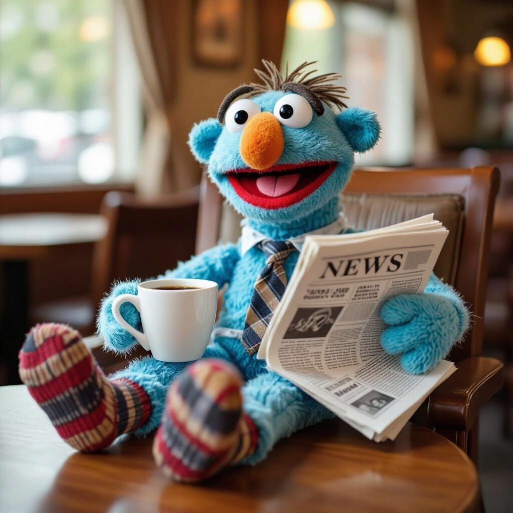 Sock Puppet Enjoys Coffee and Newspaper in Chair