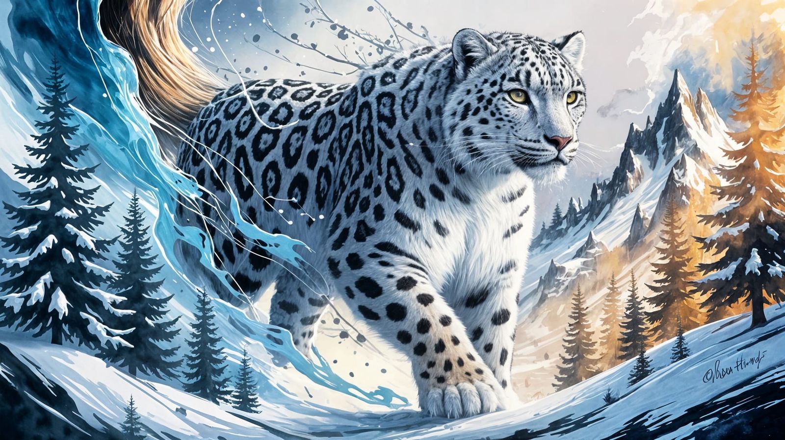 Colossal Snow Leopard in Expressive Watercolor Style