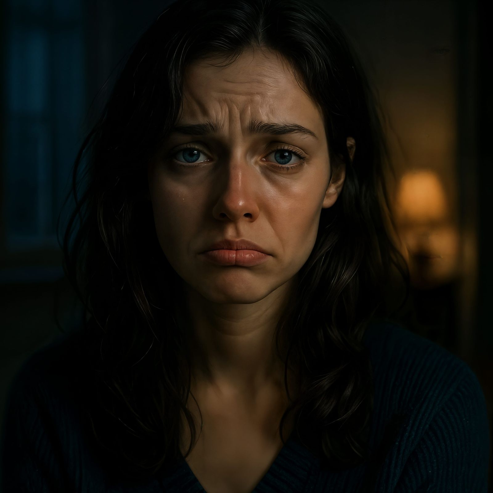 Gorgeous Sad Woman with Pouty Lips at Night