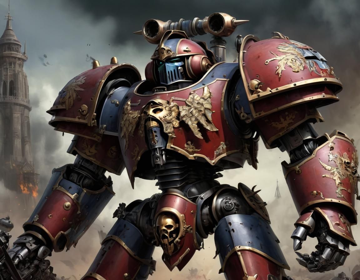 Imperial Knight Mecha in Grimdark Battle, Adrian Smith Style