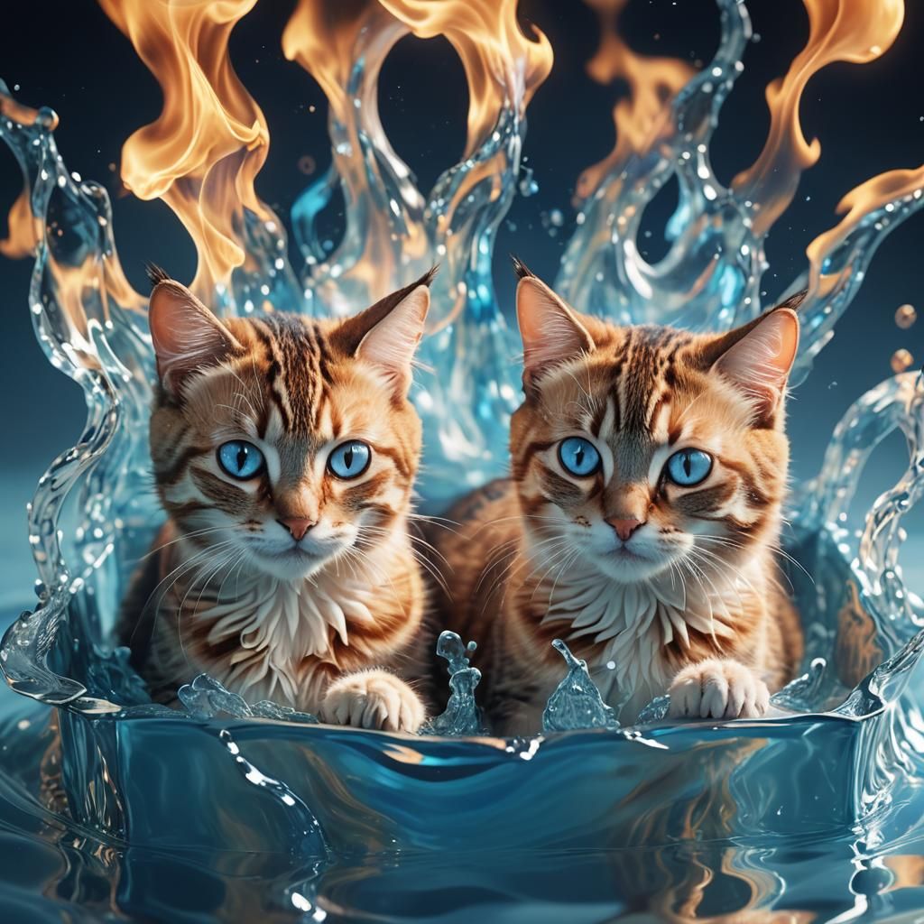 Twin Cat Goddesses in Water Box, Hyper-Realistic Art