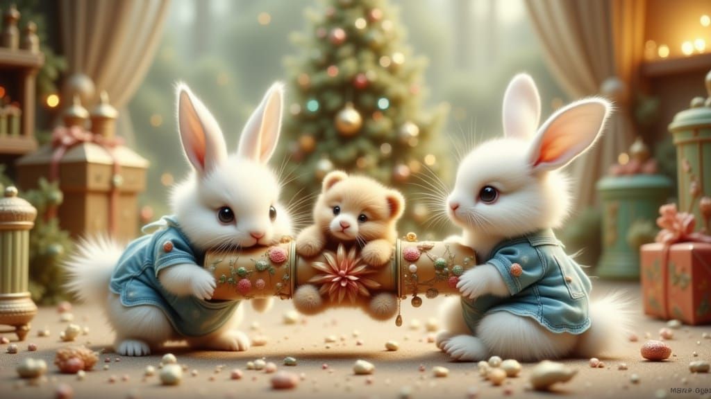 Fluffy Bunnies Pull Christmas Cracker With Teddy Bear