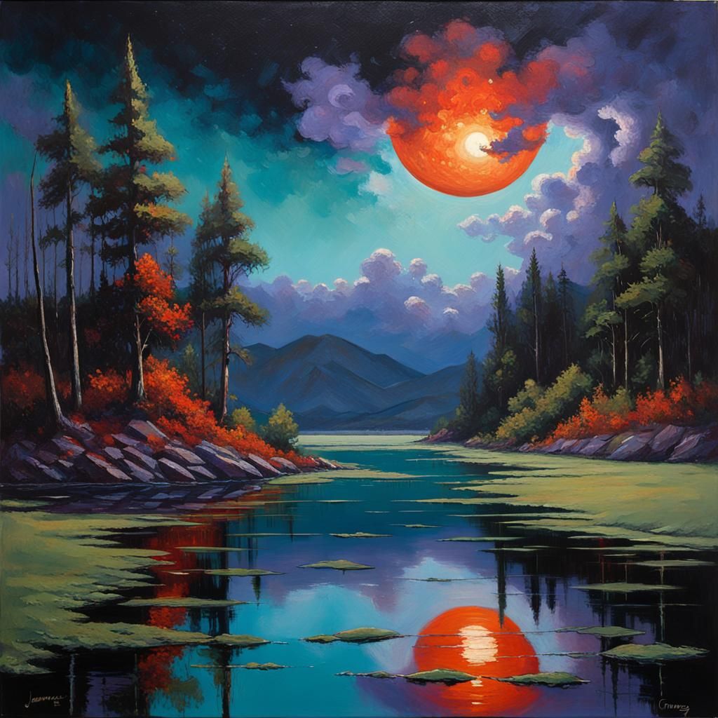 Night Reflections: Lake with Distant Planet Flora