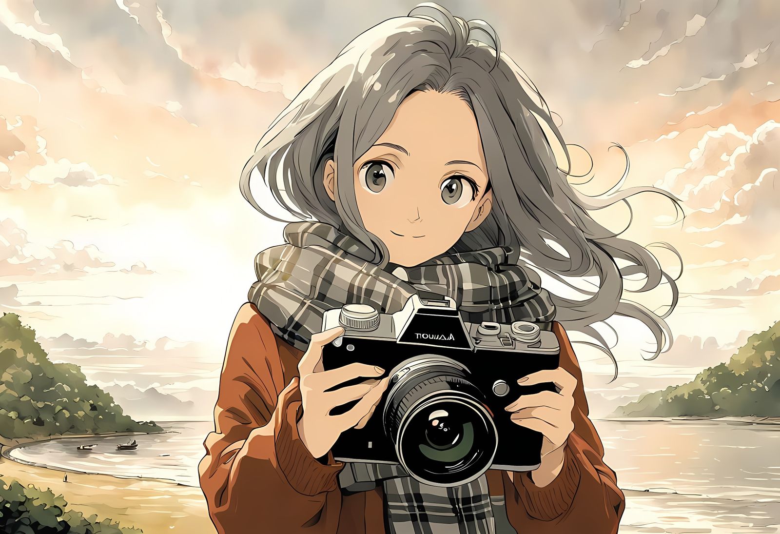 Impressionistic Anime Girl with Camera in Soft Light