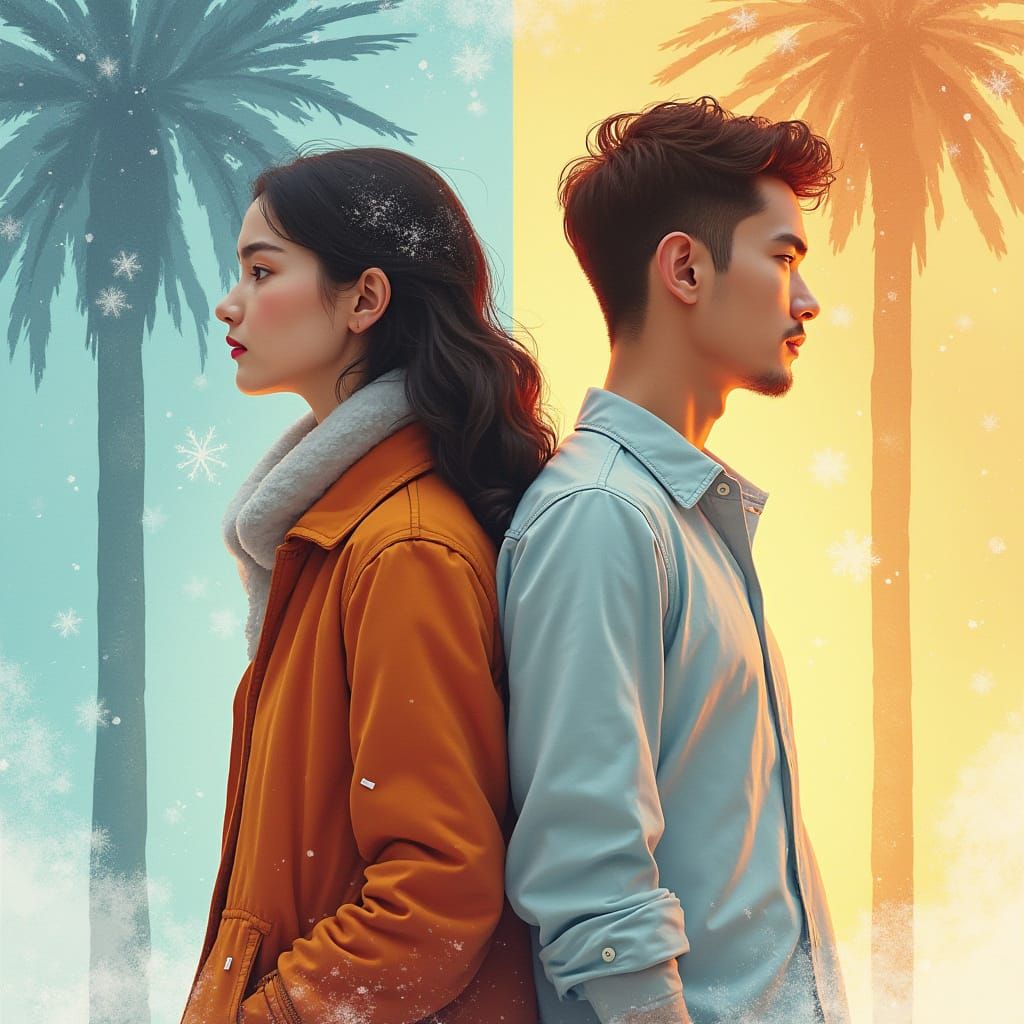 Contrast of Seasons: Woman in Winter, Man in Summer