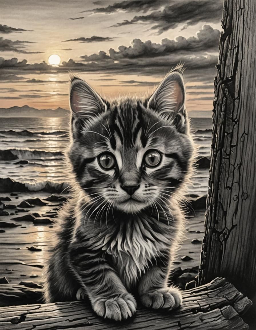 Hyperdetailed Charcoal Kitten Watches Sunset