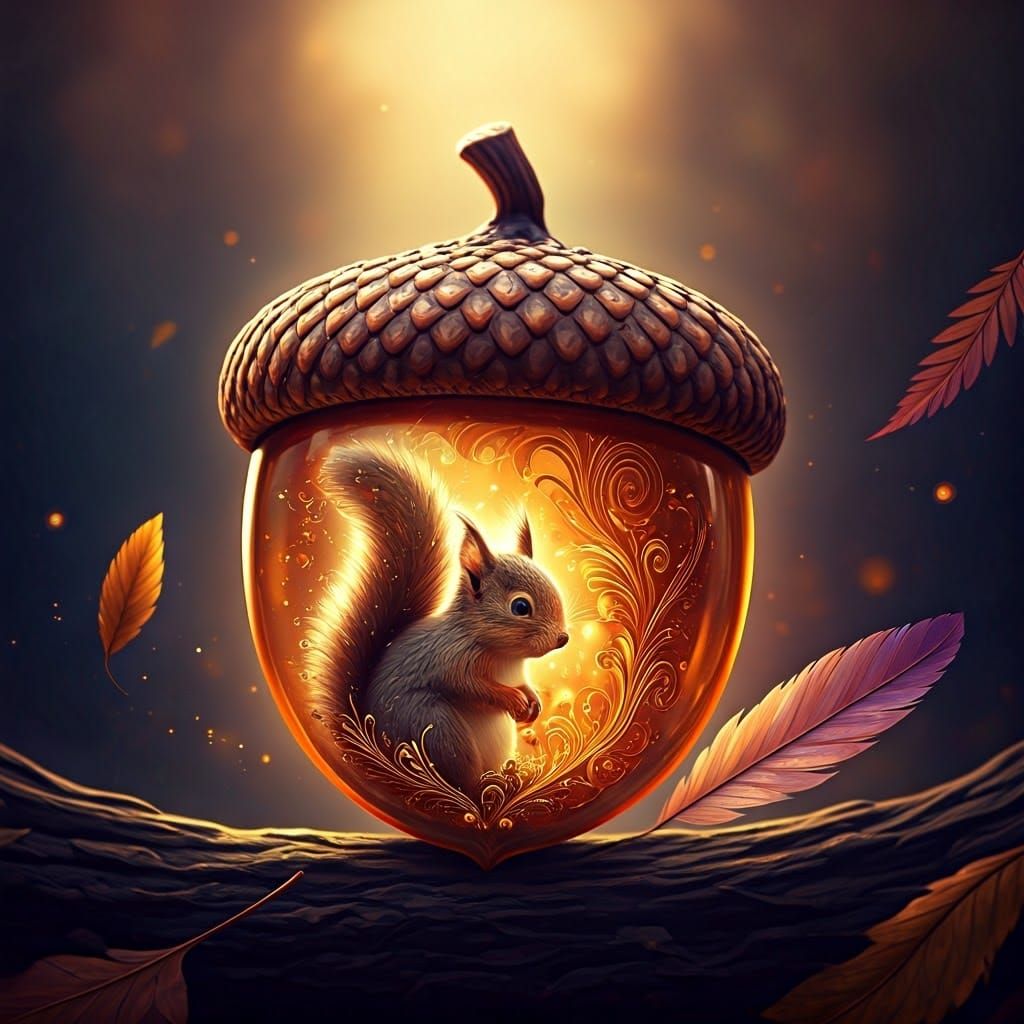 Luminous Amber Acorn Squirrel in Dreamlike Realm