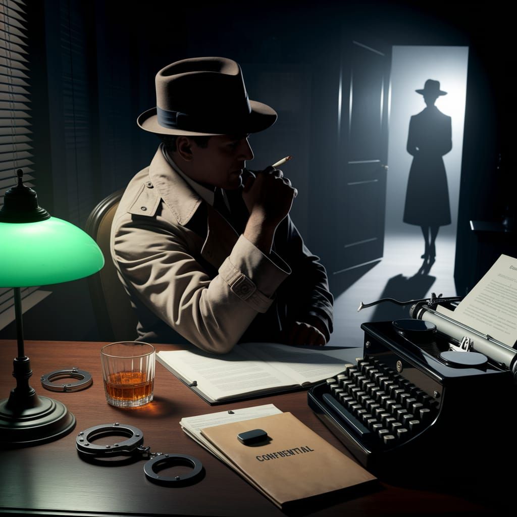 Film Noir Detective at Desk in Shadows