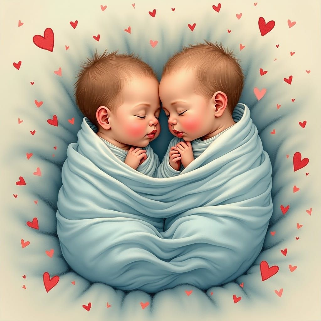 Babies in Cozy Blue Blankets with Delicate Red Hearts