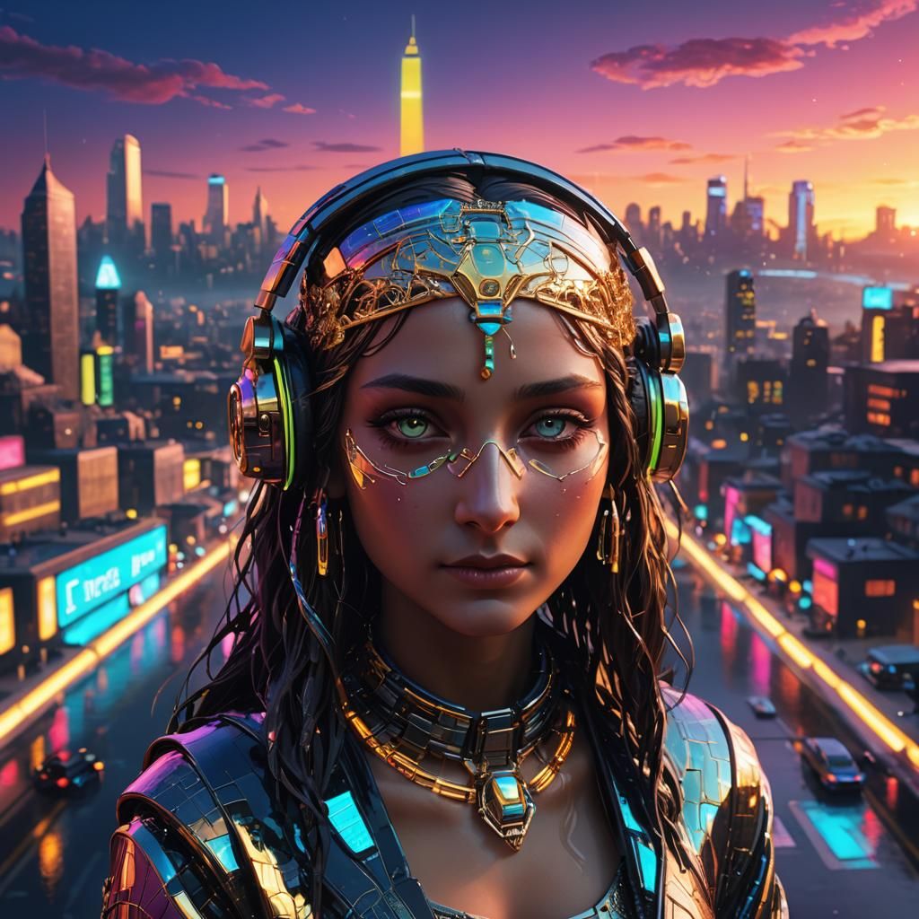 Cyberpunk Mona Lisa in Futuristic Cityscape