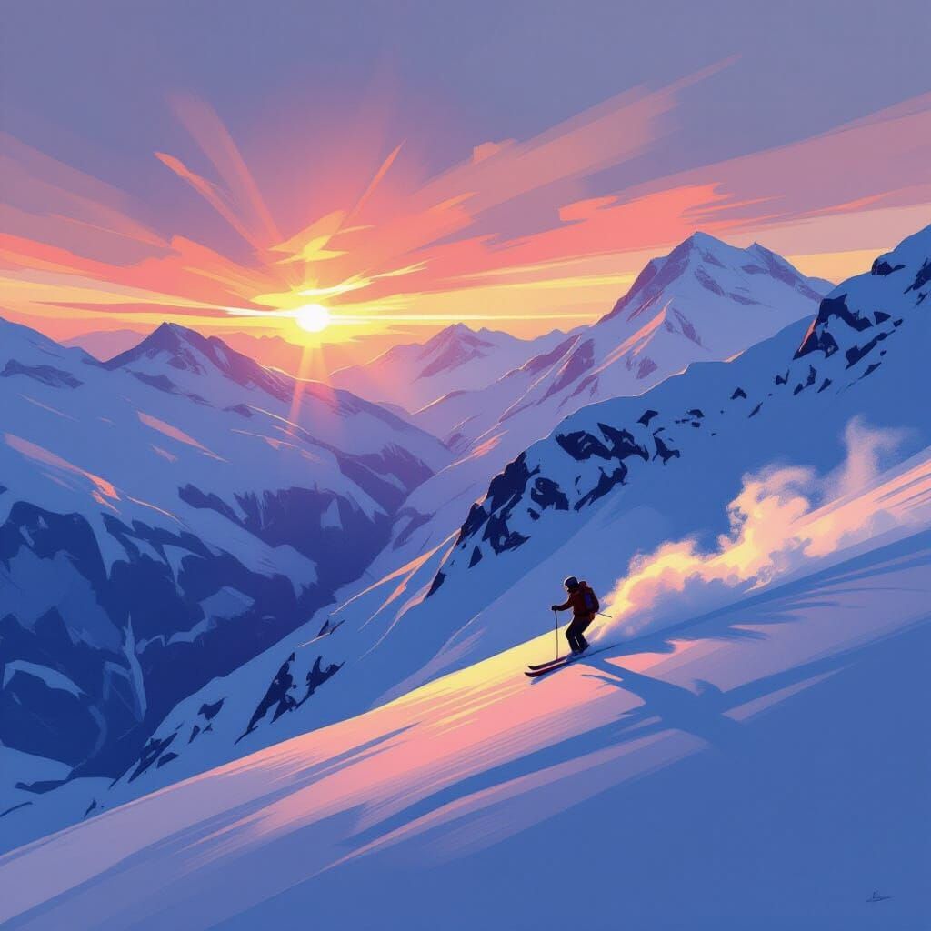 Skier on Snowy Mountain in Abstract Expressionist Style