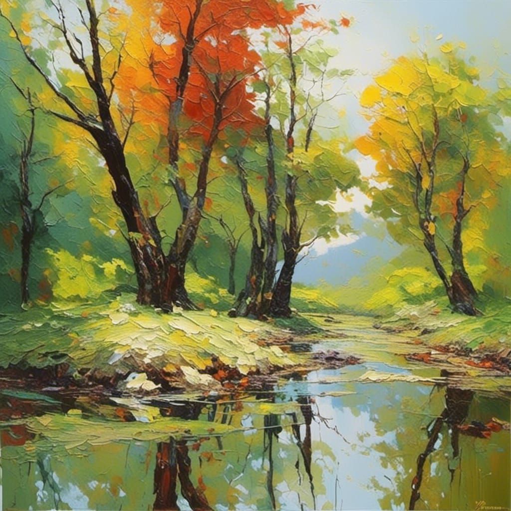 Colorful Impasto Landscape Painting of Trees