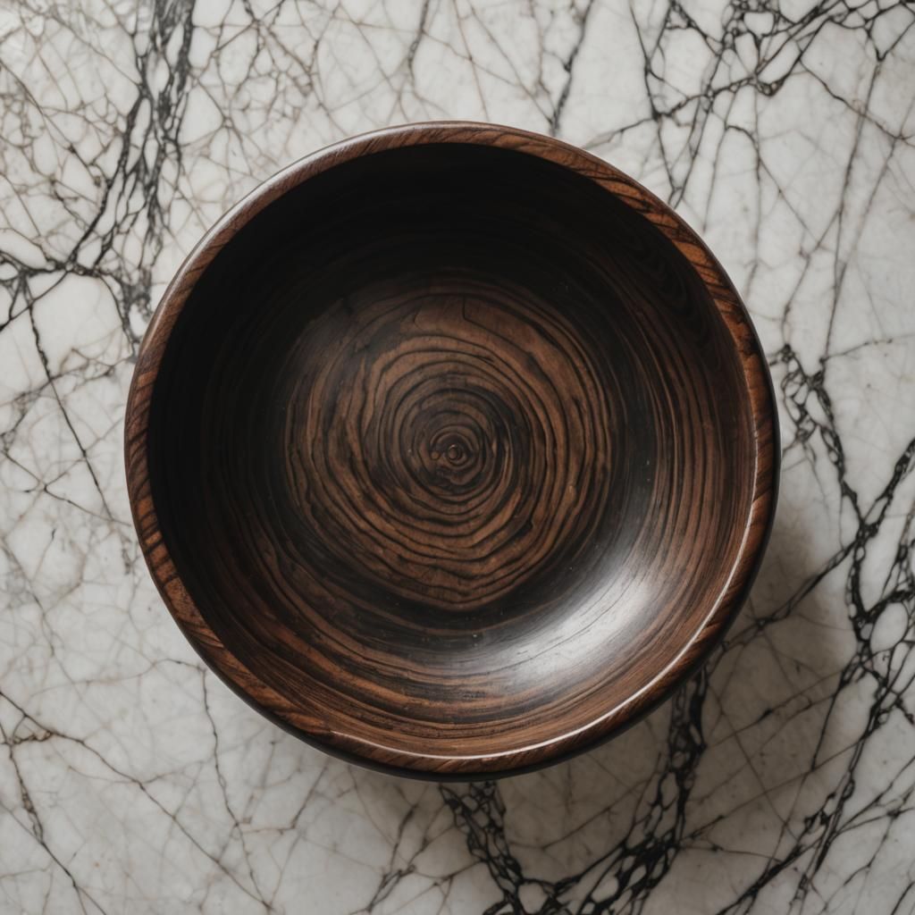 Dark Wooden Bowl on Marble Table Still Life