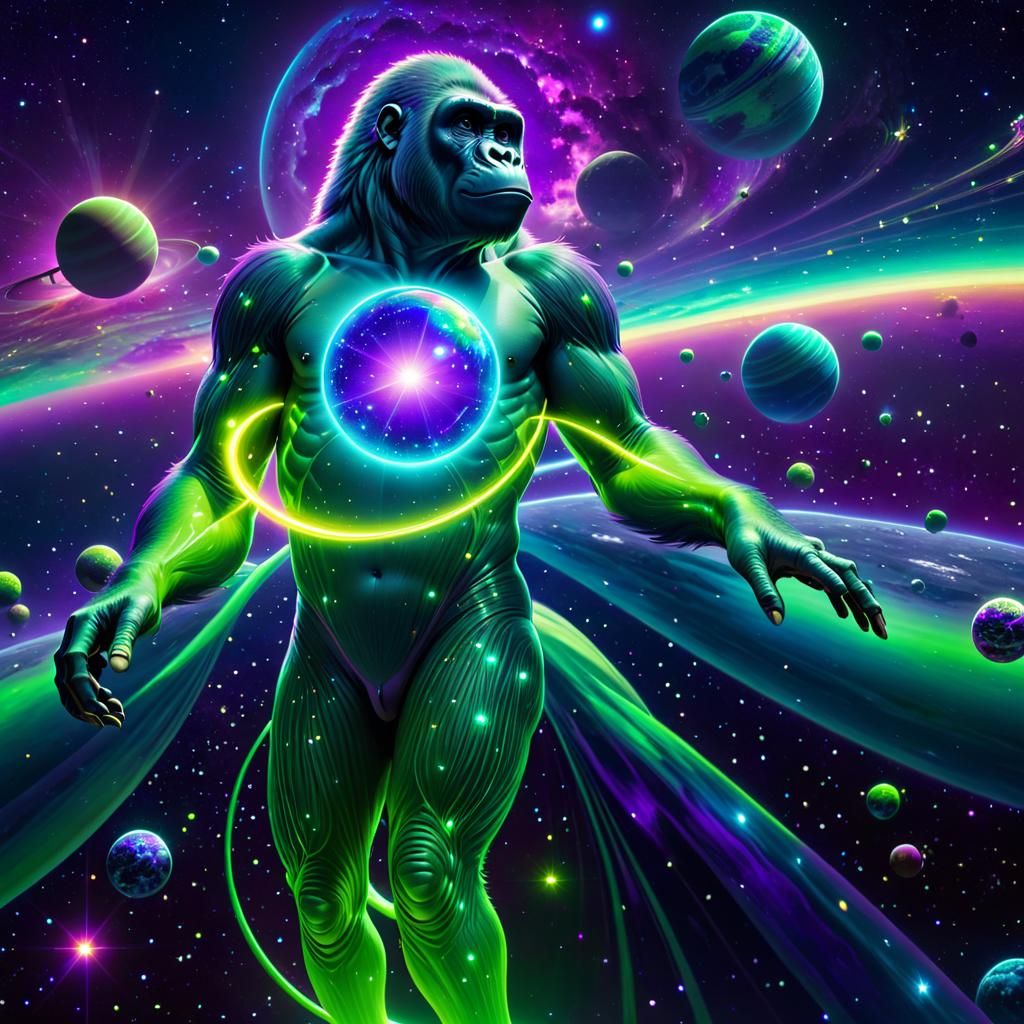 Cosmic Gorillas Floating in Space: Astral Illustration