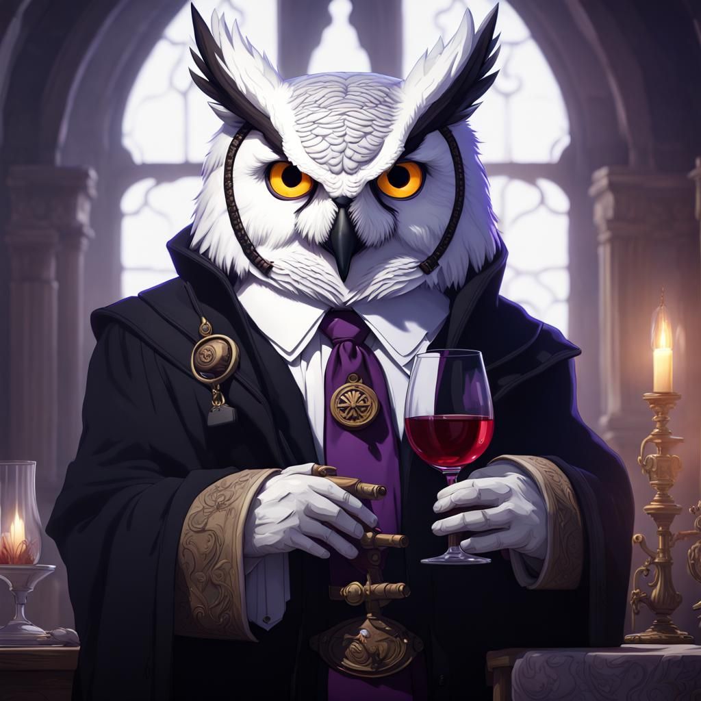 Owl in Black Coat Drinking Wine: Dark Fantasy Art