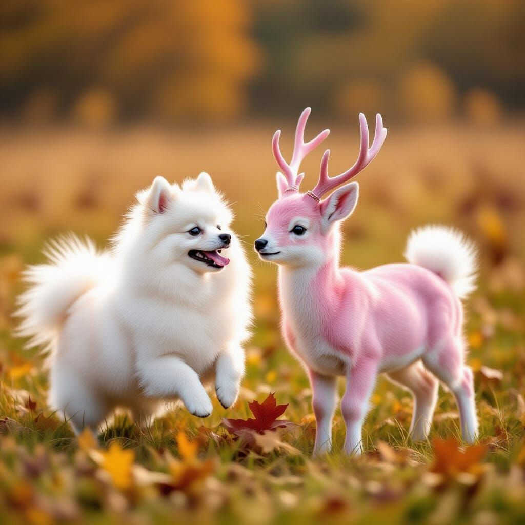 White Pomeranians Play With Pink Deer in Autumn Field