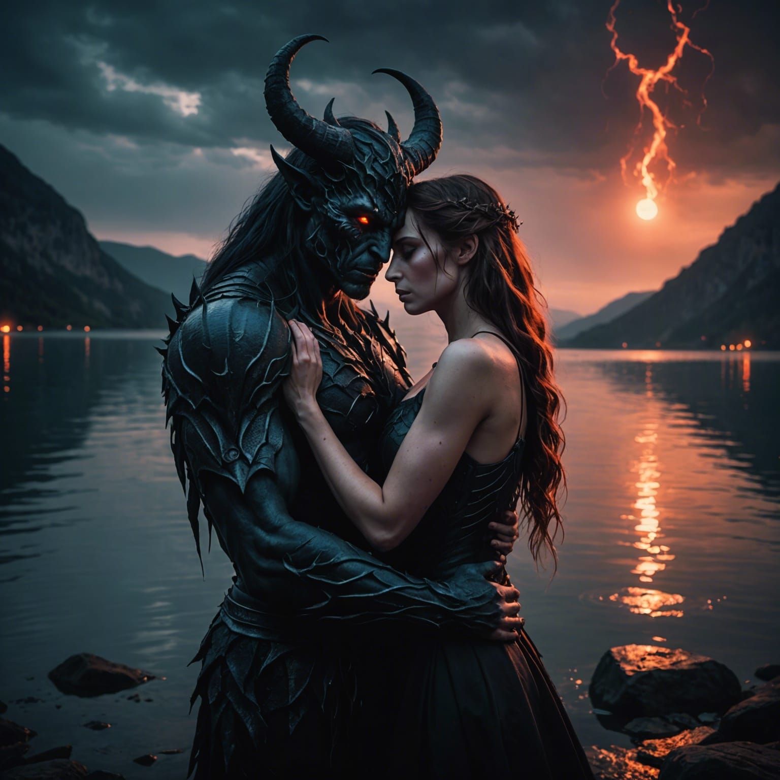 Demon's Comfort: Woman Embraced in Enchanted Darkness