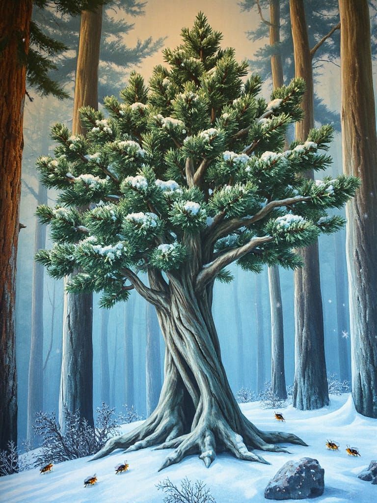 Sentient Spruce Tree Emerges from Mural, Frosty Limbs & Wint...