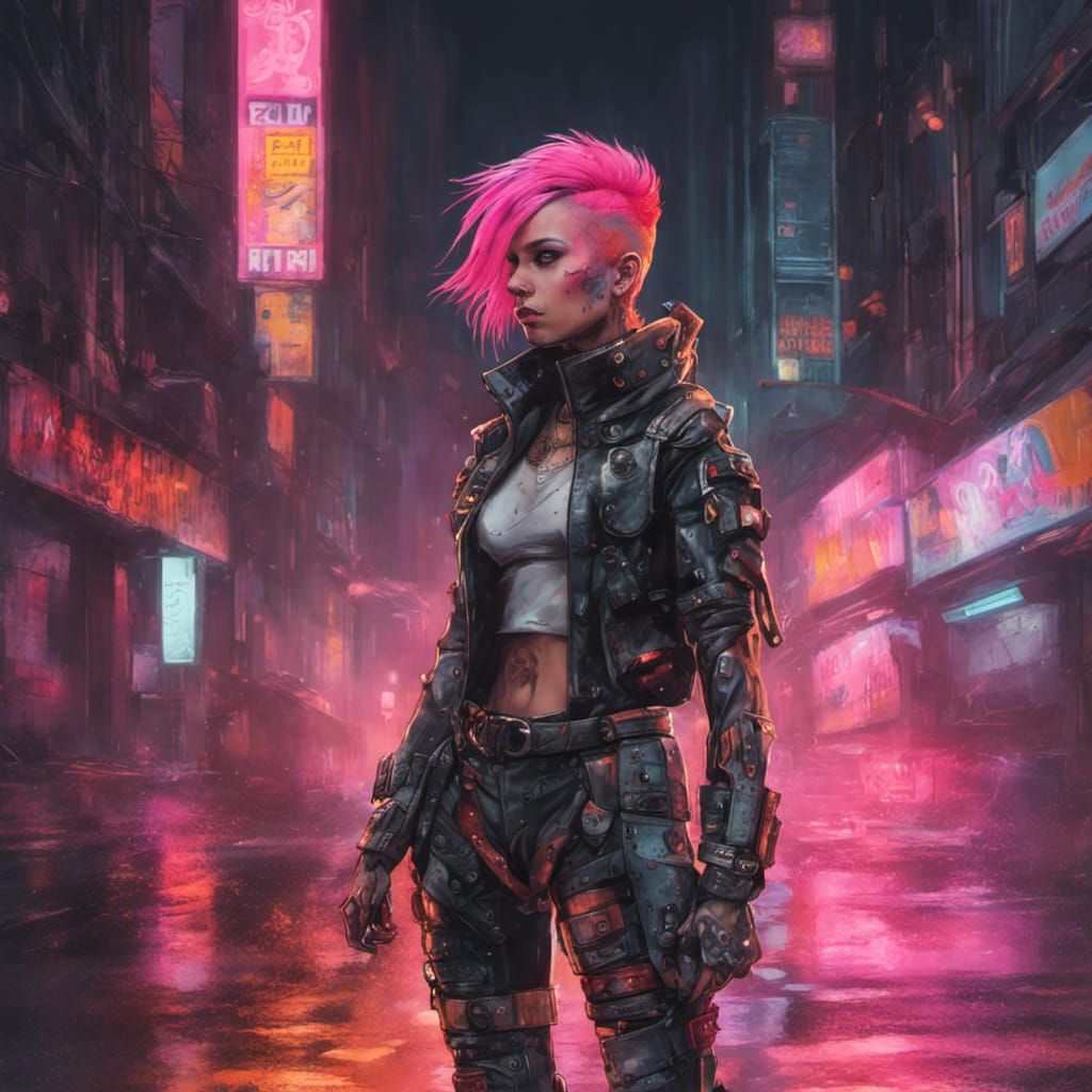 Cyberpunk Ninja Woman in Futuristic City Alley