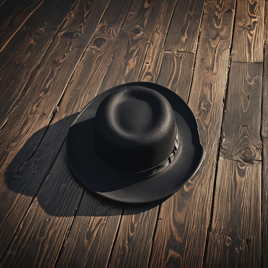 Hyperrealistic Black Bowler Hat on Wood Surface
