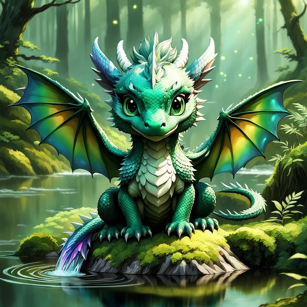 Chibi Dragon with Rainbow Wings in Detailed Forest