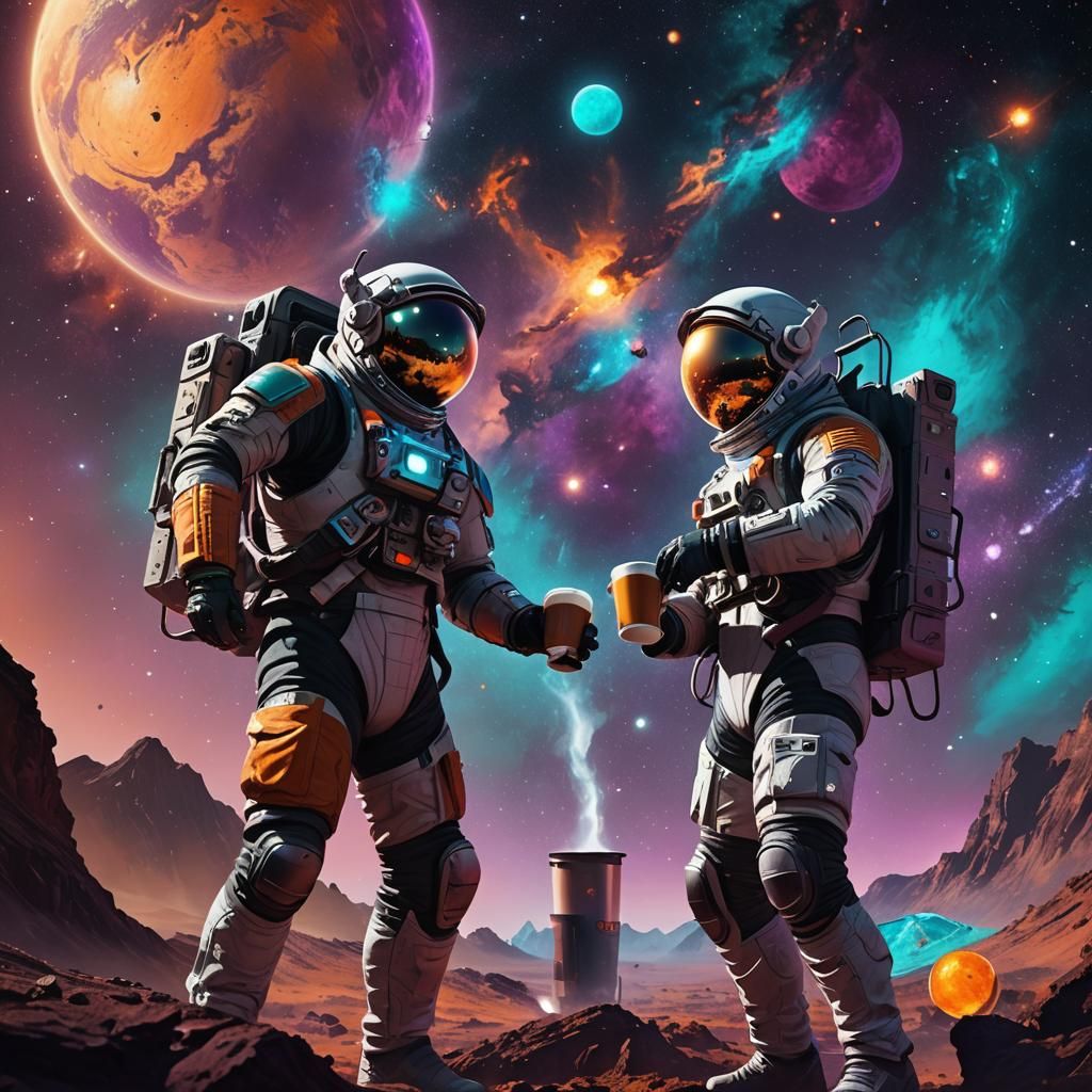 Men Drinking Coffee in Space: Detailed Matte Painting