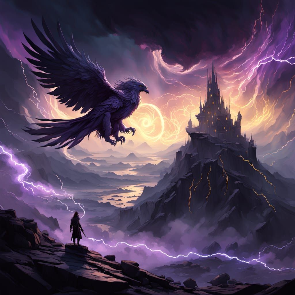 Majestic Sky Warden Summoning Stormy Vortex in Cyberpunk Sty...