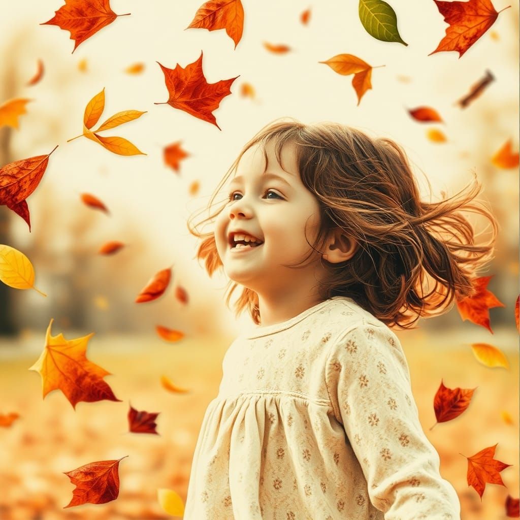Joyful Autumn Collage Art of Little Girl