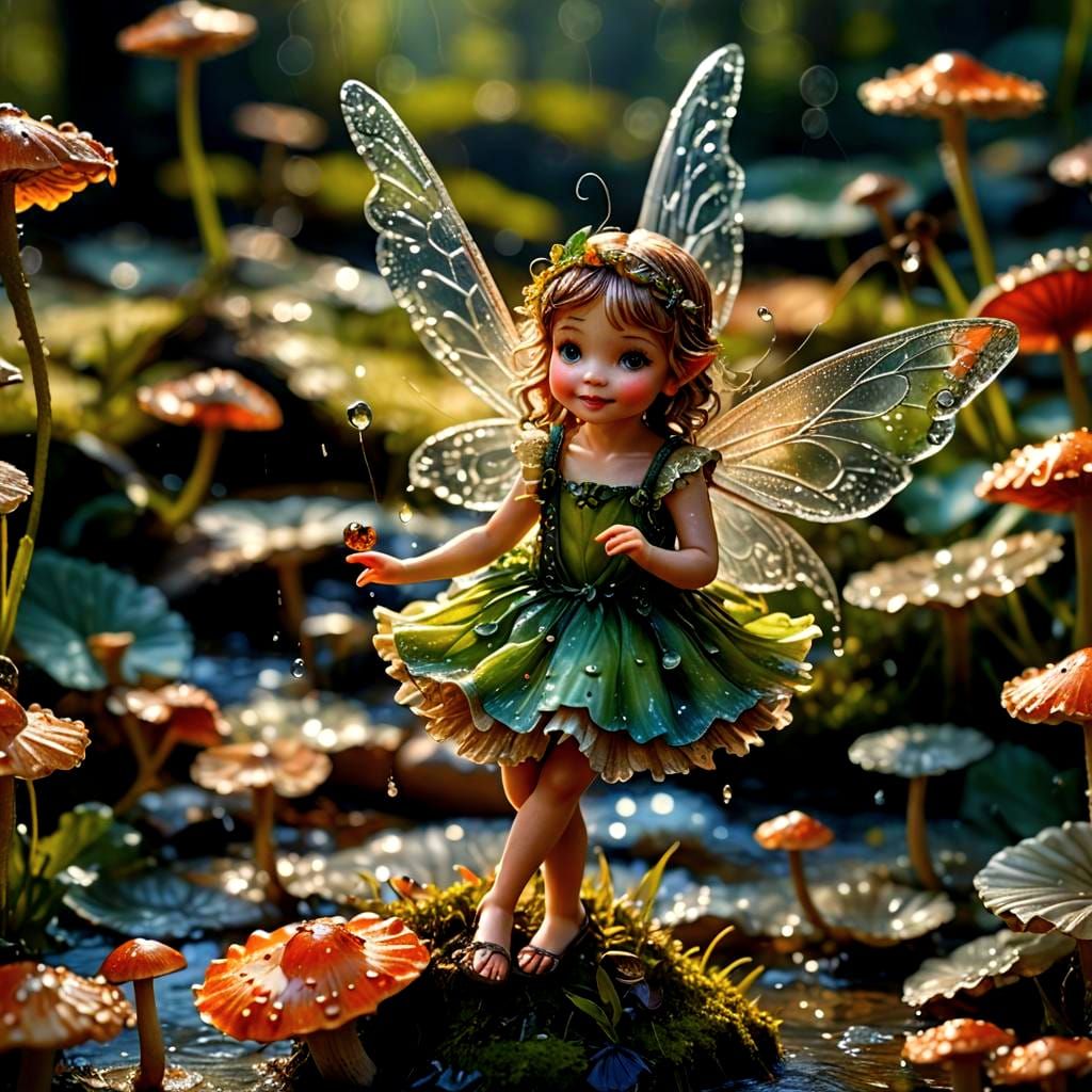 Macro Photo of Happy Fairy Dancing on Mushroom